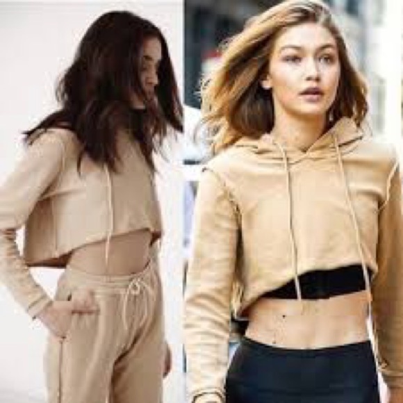 Danielle Guizio Tan Cropped Long Sleeve Hoodie Size Medium - Picture 1 of 9